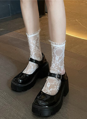 洛丽塔袜子白色复古花藤日系甜美lolita木耳边镂空甜美短筒蕾丝袜