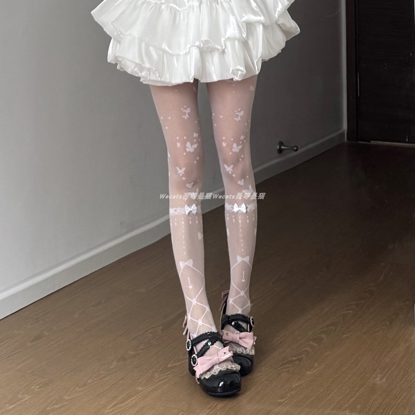 吾等是猫 洛丽塔蝴蝶结丝袜薄款印花交叉绑带Lolita公主风连裤袜