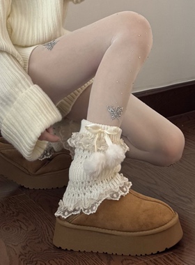 吾等是猫 毛球花边袜套镂空甜美Lolita少女蝴蝶结蕾丝腿套堆堆袜