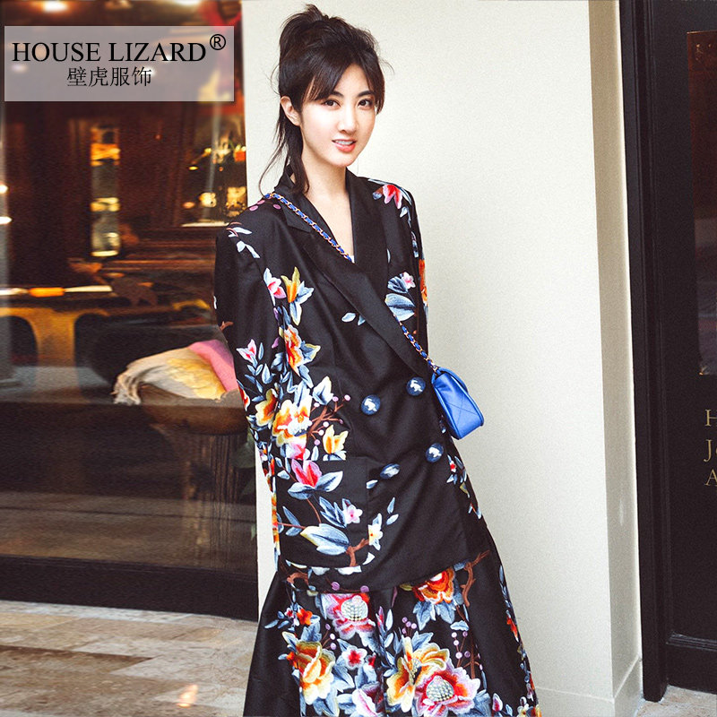 scc小壁虎 真丝刺绣印花西装时尚套装中国风两件套黑色半身裙