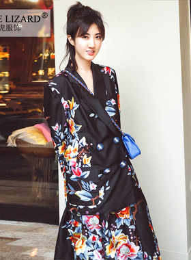 SCC小壁虎 真丝刺绣印花西装时尚套装中国风两件套黑色半身裙