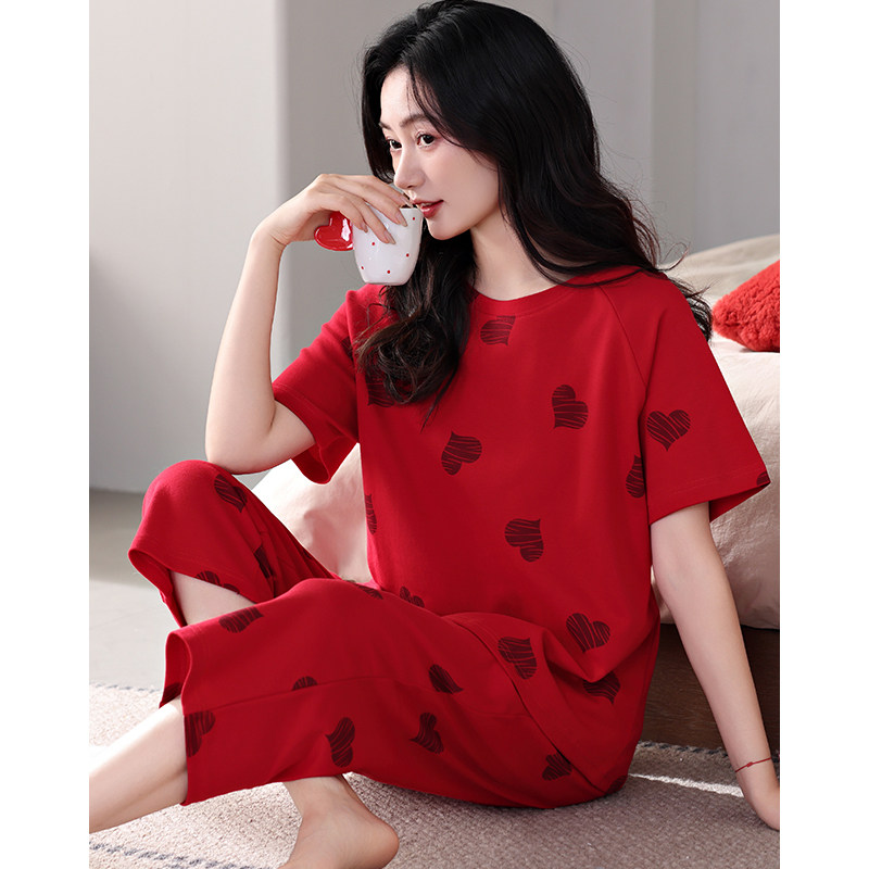 红色睡衣女短袖纯棉七分裤套头春夏季空调房本命年家居服薄款,女士内衣/男士内衣/家居服,睡衣/家居服套装,淘宝优惠券,粉丝福利购,淘宝优惠卷