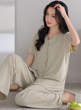 芬腾可安莫代尔棉睡衣女士短袖夏季V领新款绿色长裤可外穿家居服