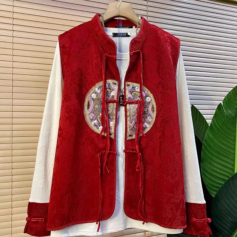 2025冬季新款大码女装新年款国风盘扣马甲两件套古风打底衫套装女