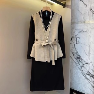 黑色长袖 气质轻奢简约时尚 内搭打底裙马甲两件套 新款 欧货2025秋季