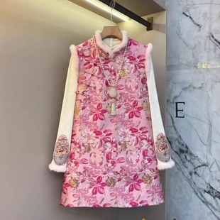 内搭轻奢气质两件套 立领加绒盘扣马甲裙 大码 胖MM国风复古新中式