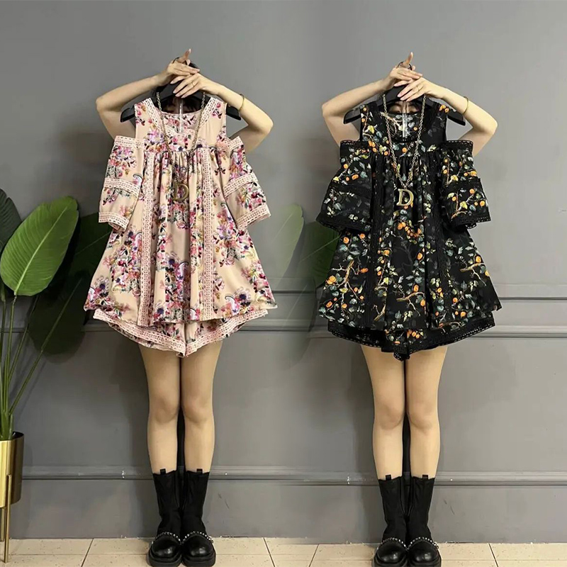 胖mm2024夏季新款韩版宽松露肩显瘦碎花短袖短裤两件套减龄套装女