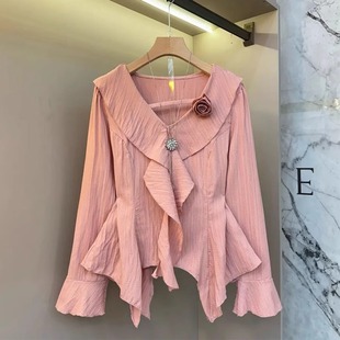 纯色百搭纯欲荷叶边上衣V领显瘦遮肚减龄内搭女 新款 大码 胖MM秋季