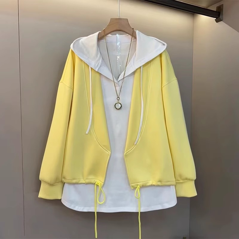 大码休闲百搭连帽卫衣两件套女宽松显瘦纯色运动显瘦开衫打底套装