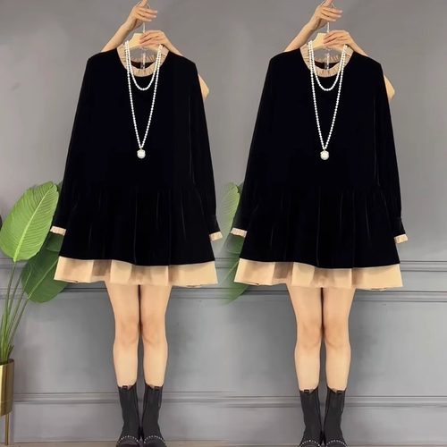 大码韩版轻奢高级感法式复古金丝绒长袖连衣裙拼接显瘦小个子裙子