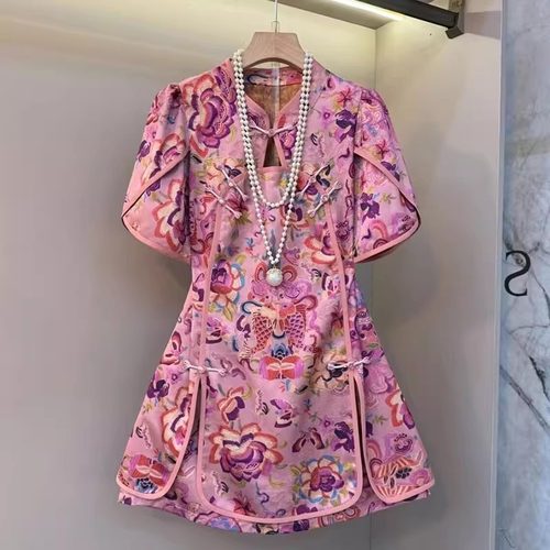 大码套装2025夏季新款国风短袖改良旗袍上衣短裤遮肚显瘦两件套女