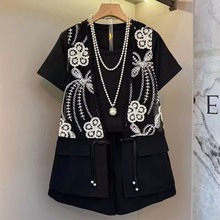欧货轻奢气质短袖套装女2025夏季新款大码蕾丝马甲T恤短裤三件套