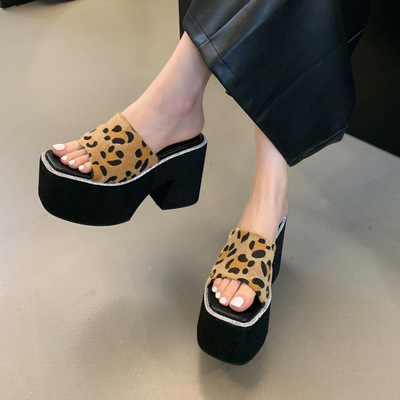 11CM粗跟超高跟凉鞋防水台松糕厚底豹纹时尚鱼嘴拖鞋水钻增高女鞋