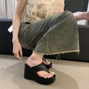 10CM坡跟超高跟鞋防水台松糕厚底夹趾拖鞋小个子内增高凉鞋女夏季