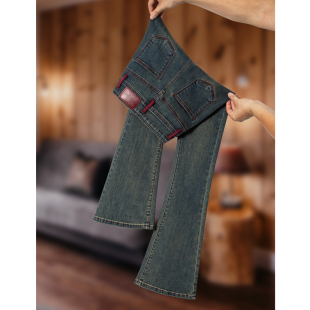 显瘦百搭马蹄喇叭长裤 女秋冬新款 拖地 高腰九分微喇牛仔裤 撞色时尚