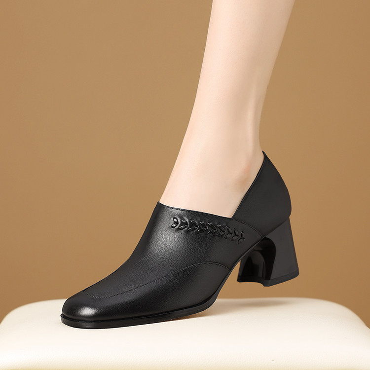 深口单鞋低跟小皮鞋头层牛皮时尚百搭一脚蹬方头粗跟舒适女鞋