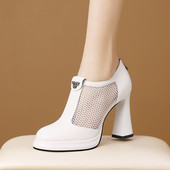 单鞋 女高跟鞋 中跟蕾丝镂空细跟凉靴子 网靴女真皮粗跟网纱凉鞋 春款