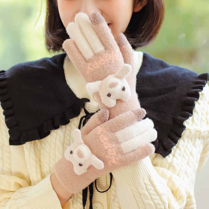 手套女冬季全指加绒保暖韩版可爱高中生骑车防寒针织触控屏幕毛线