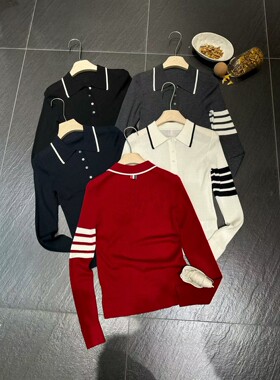 AiMi2025秋冬新款时尚撞色polo领长袖含50羊毛针织毛衣女装上衣