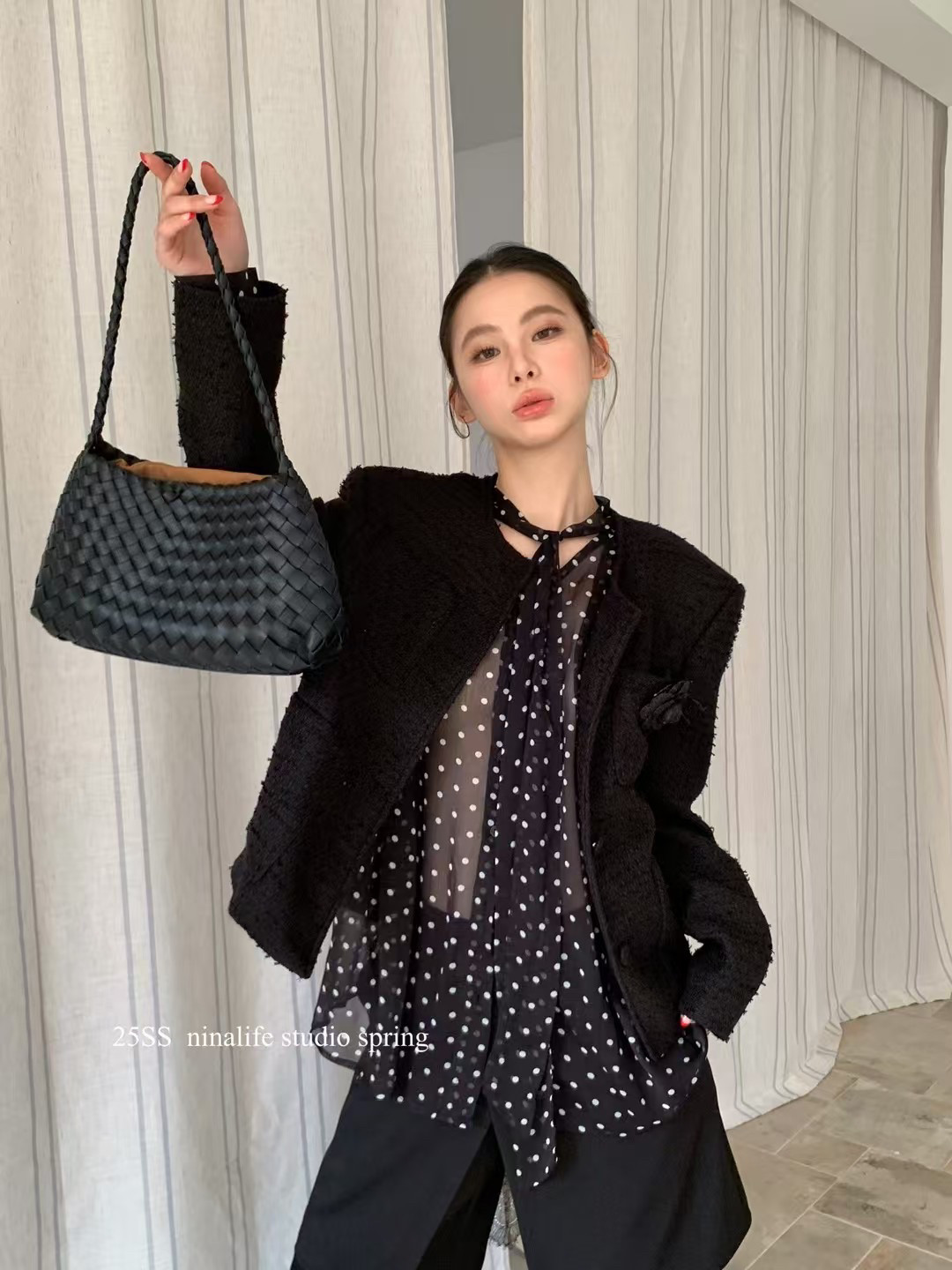 NINa韩版小香外套女装春秋时尚宽松短款口袋花朵设计感百搭开衫