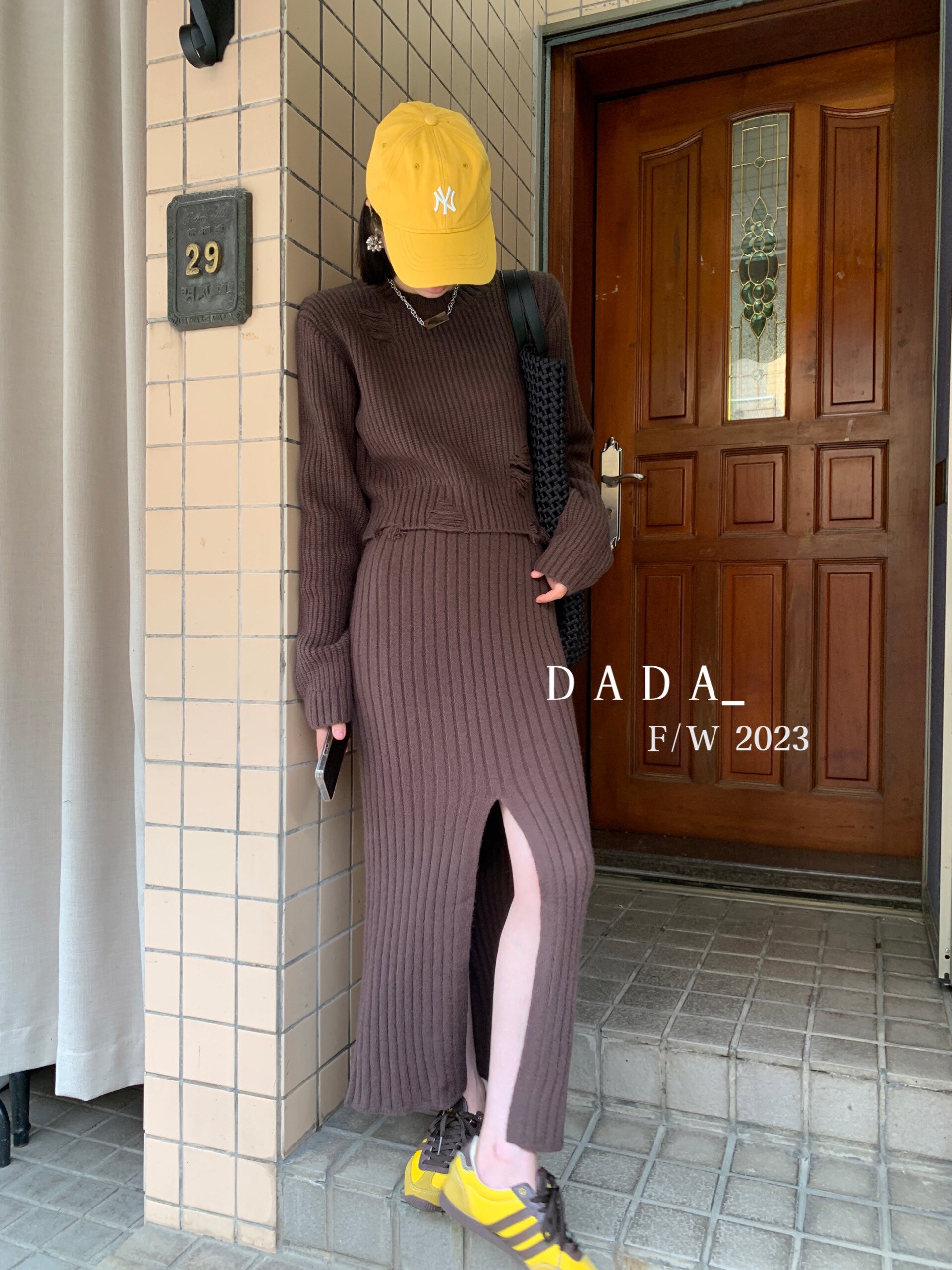 DaDa韩国保暖毛衣针织两件套女秋冬时髦百搭上衣+修身开叉半裙