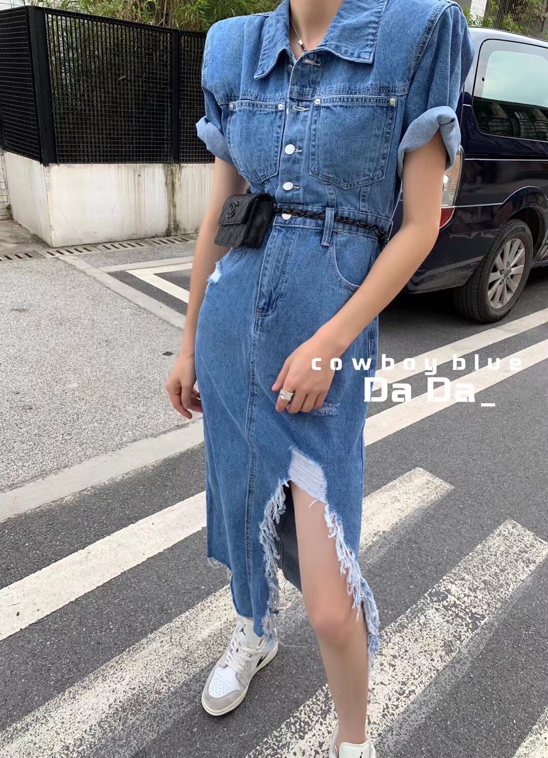 韩国炸街牛仔连衣裙夏季新款短袖气质小众设计感开叉长毛边长裙