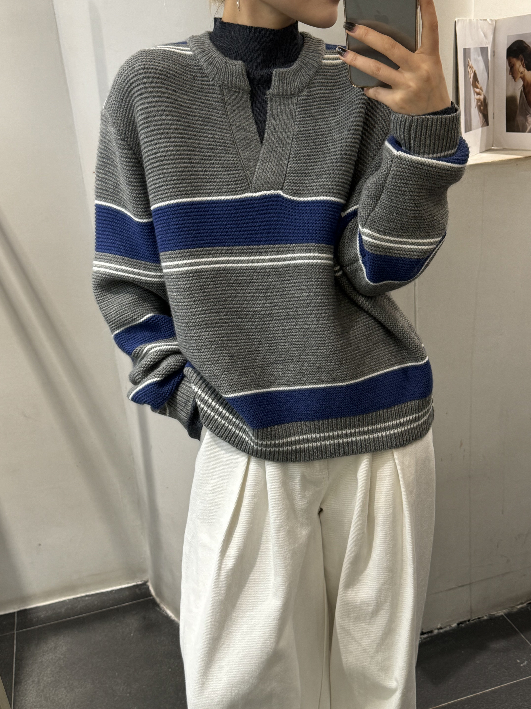 十三行春秋新款韩版宽松显瘦V领撞色条纹针织衫毛衣女上衣潮