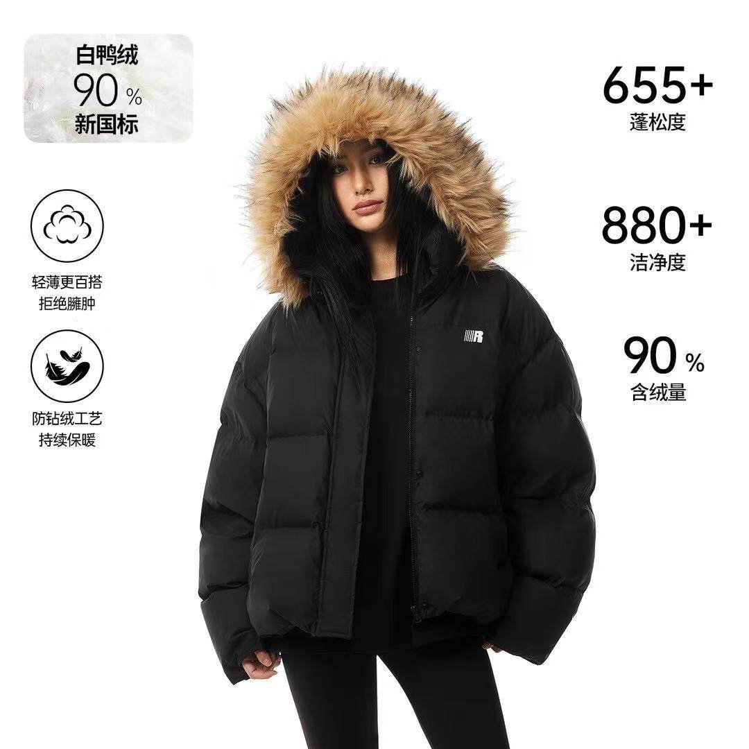 FDR加厚保暖情侣面包服男外套可拆卸毛领黑色羽绒服情侣女款冬季