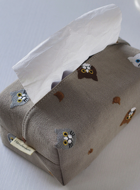 Handmade原创刺绣猫咪布艺纸巾套车载抽纸盒桌面餐厅客厅家用商用