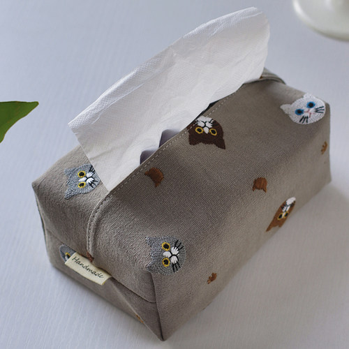 Handmade原创刺绣猫咪布艺纸巾套车载抽纸盒桌面餐厅客厅家用商用