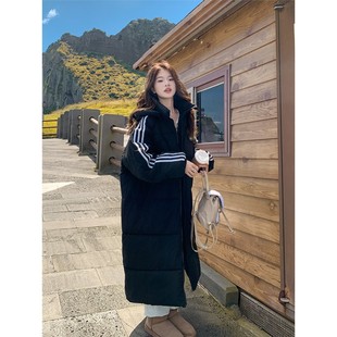 黑色三条杠棉服女2025冬季新款大学生长款女士时尚棉衣棉袄外套潮