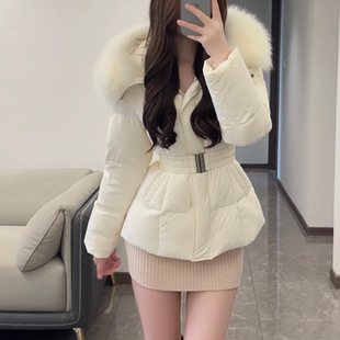 大毛领白色短款羽绒棉服女款2025新款冬收腰显瘦厚实保暖棉袄外套
