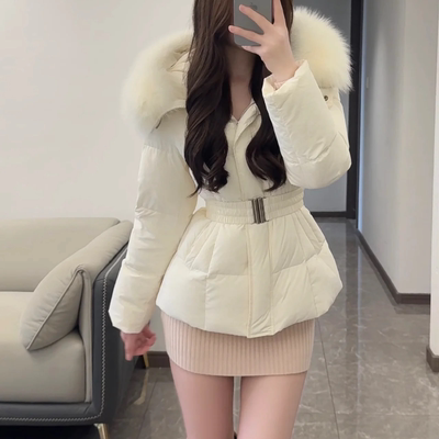 大毛领白色短款羽绒棉服女款2025新款冬收腰显瘦厚实保暖棉袄外套