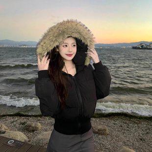 黑色大毛领连帽羽绒棉服女过冬季新款保暖加厚夹棉袄短款收腰外套