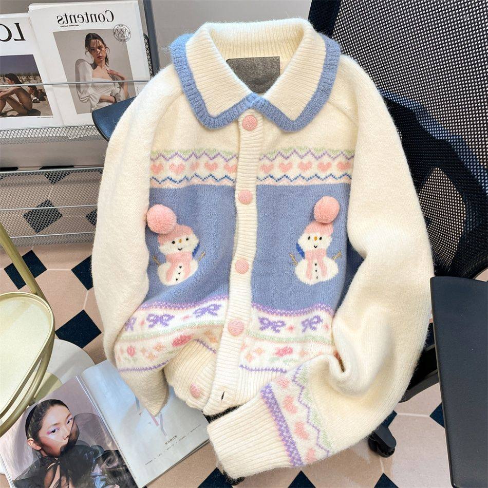 韩系甜美漂亮雪人毛衣开衫男女秋冬新款复古拼色加厚软糯针织外套