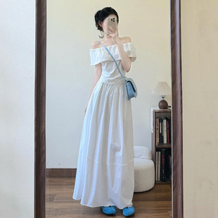 小个子白色一字肩洋装子女夏2026新款今年流行爆款掐腰套装长裙