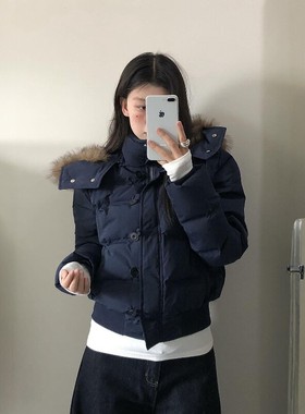 南区菲奥娜大毛领藏青色羽绒短款棉服女2025冬季新款棉衣加厚外套