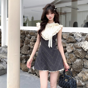 尤莉少女 法式覆古格纹洋装女夏季蕾丝拼接千金感系带无袖短裙