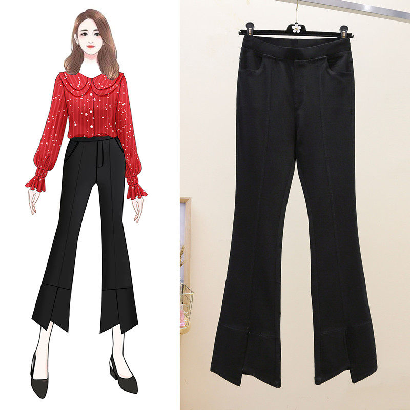 微喇叭裤子女春秋200斤胖mm显瘦九分裤大码松紧腰弹力休闲裤外穿