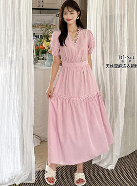 现货特价DI-SUI女装2025新款38611韩版拼蕾丝V领松紧收腰连衣裙女