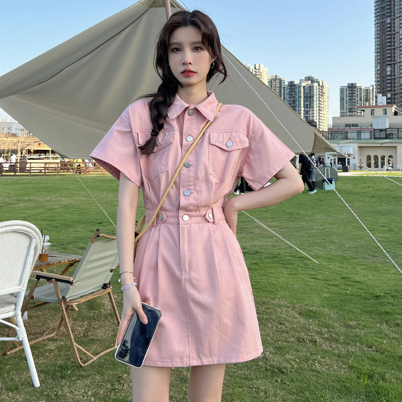 前后口袋+拉链设计 2026网红新款短袖连衣裙女学生日系polo领短裙