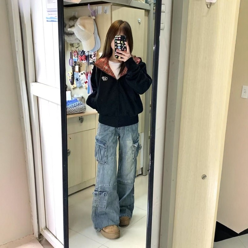 美式高街多口袋工装牛仔裤女春季新款高腰毛边设计感百搭阔腿裤潮,女装/女士精品,卫裤,淘宝优惠券,粉丝福利购,淘宝优惠卷