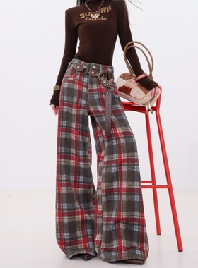 美式复古红色格纹阔腿牛仔裤女2026春季新款显瘦宽松百搭直筒裤子