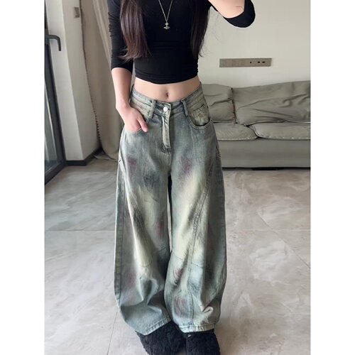 泥染做脏弯刀裤牛仔裤女2026秋季新款美式做旧宽松时髦潮流拖地裤