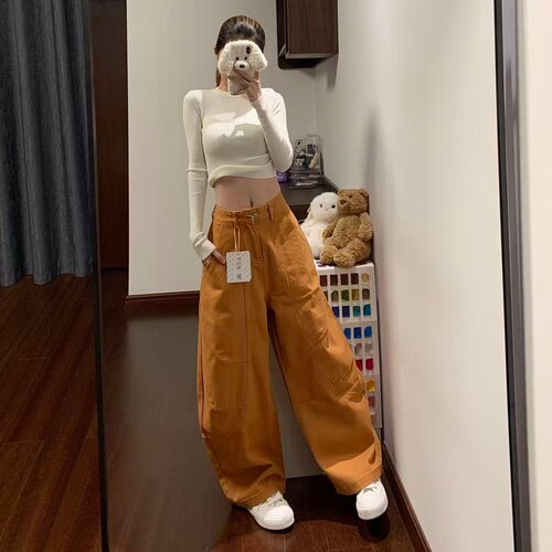 美式复古橘色弯刀牛仔裤女2026春季新款高腰慵懒松弛宽松拖地裤子