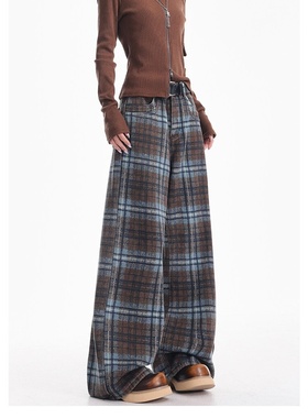 2026春秋季新款蓝色格子牛仔裤女美式设计感复古宽松显瘦阔腿裤子