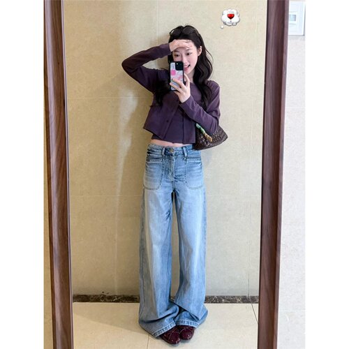 美式复古高街设计感阔腿牛仔裤女夏季慵懒风宽松显瘦休闲拖地裤子
