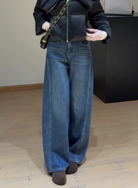 美式复古蓝色阔腿牛仔裤子女秋冬新款流行爆款高腰显瘦直筒长裤子