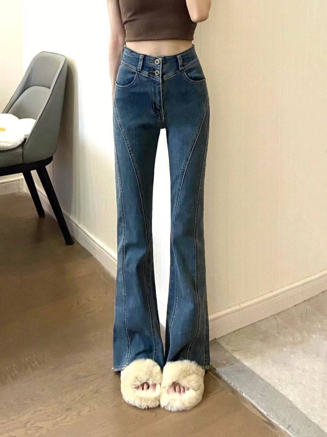 美式复古蓝色微喇叭牛仔裤女秋冬设计感小众高腰显瘦百搭拖地裤子