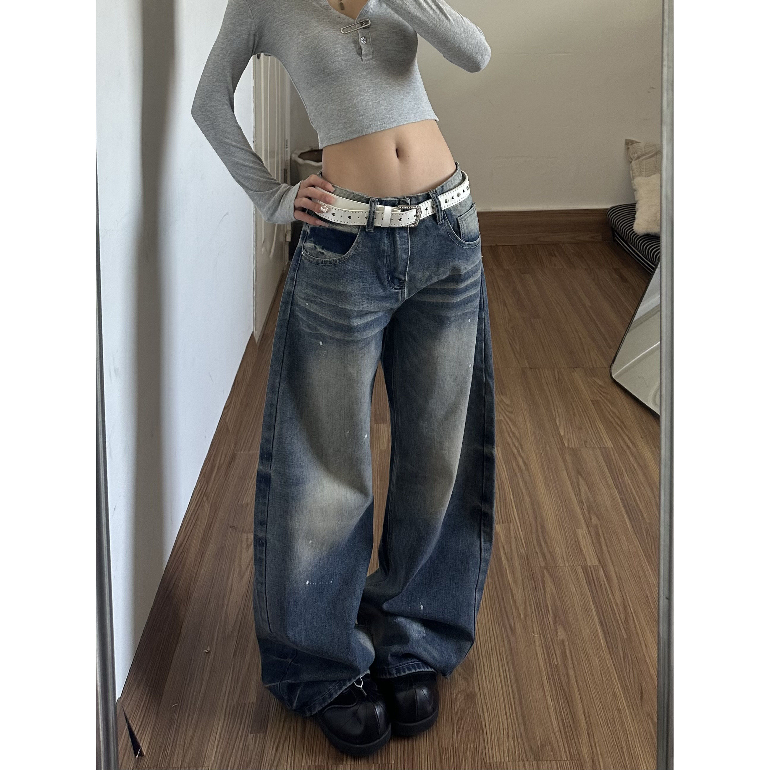 蓝色泼墨弯刀牛仔裤子女2026年春季新款宽松设计感阔腿裤拖地裤子,女装/女士精品,牛仔裤,淘宝优惠券,粉丝福利购,淘宝优惠卷